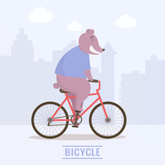 Cute joyful bear riding a bicycle. Vector illustration.