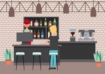 barista beind counter customer service coffee shop vector illustration