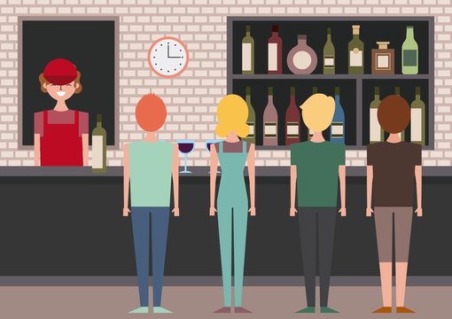 group people viewed back and barista behind bar counter vector illustration