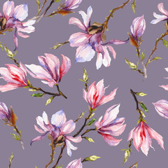 Pink magnolia flowers on a twig on grey background. Seamless pattern. Watercolor painting.