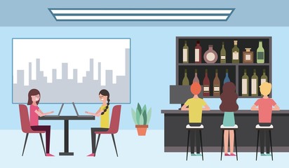 people sitting in stool and women typing laptops on coffee shop vector illustration