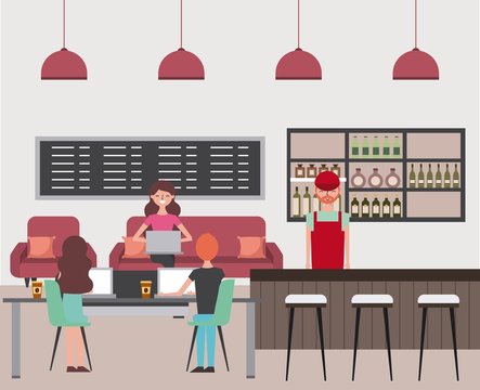 coffee shop barista and people using laptops sitting on sofa and chairs vector illustration