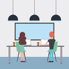 woman and man sitting back with table and chairs working laptops office board clock vector illustration