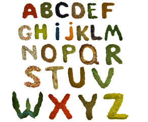         the whole isolated English alphabet lined with a variety of colorful and fragrant spices and flavouring