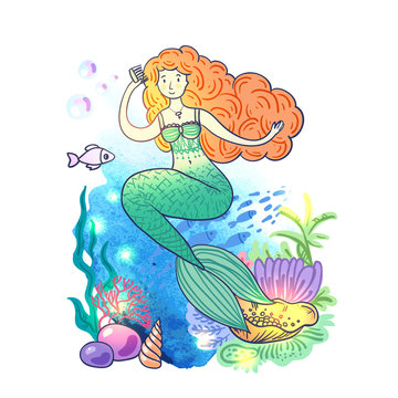 Hand drawn vector illustration mermaid. 