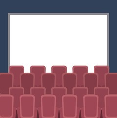 cinema auditorium with seats and white blank screen vector illustration