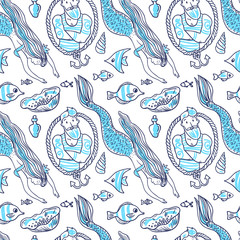 Hand drawn vector illustration mermaid. 