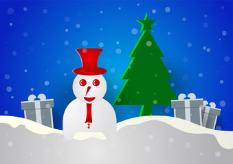 Snowman with presents and tree on blue gradient background. Vector Design for Merry Christmas 2018.