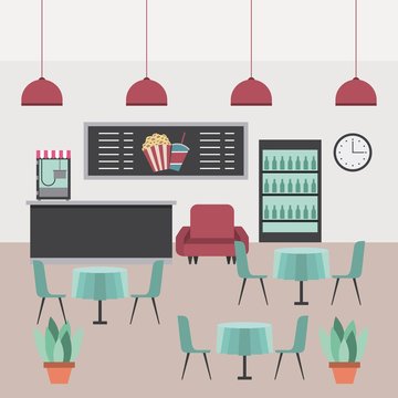 interior scene cineme theater counter machine popcorn sofa cooler tables chairs and plants vector illustration