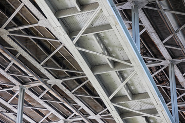 Metal bridge construction, overpass. Bottom view
