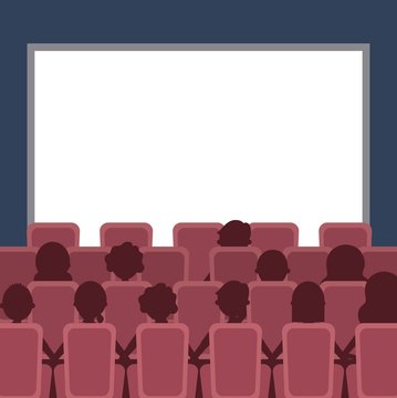 people cinema auditorium with seats and white blank screen vector illustration
