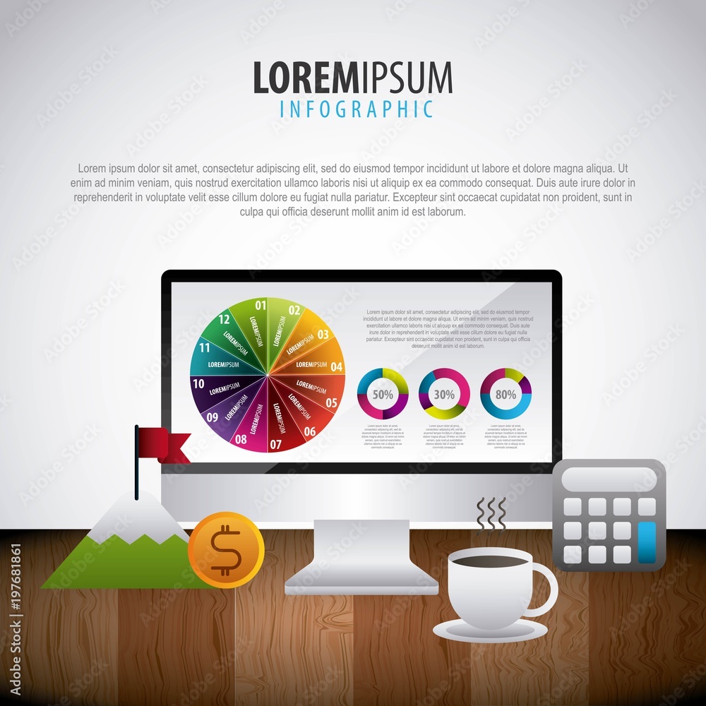 Poster infographic statistics computer pie chart diagram business start up mountain vector illustration
