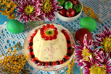 Paskha. Cottage cheese dessert with candied fruits. Traditional meal for Easter holidays