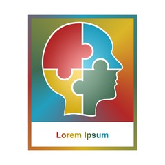 Exclusive Corporate business colorful sign with a profile of a human head made of four puzzles of different colors in rainbow square 