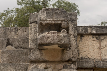 Kukulkan head detail showing fangs and tongue. This mayan deity, the feathered Snake, joins heaven...