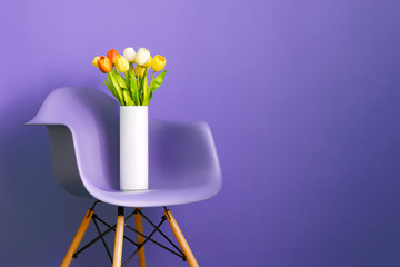 A fragment of a stylish ultraviolet interior in the style of minimalism. Copy space