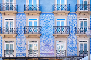 Traditional historic facade in Porto decorated with blue tiles, Portugal - obrazy, fototapety, plakaty