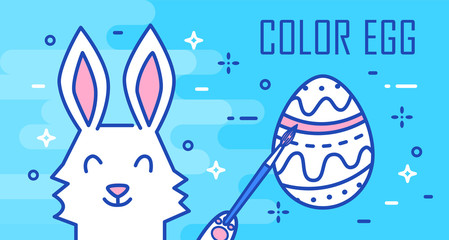 Happy Easter greeting card with rabbit, egg and brush on blue background. Thin line flat design. Vector banner.