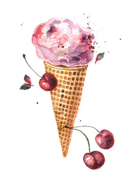 Beautiful hand drawn watercolor illustration cherry ice cream