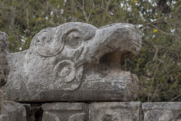 Kukulkan head detail showing fangs and tongue. This mayan deity, the feathered Snake, joins heaven and earth twice a year on Spring and autumn equinox. 