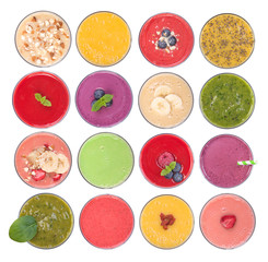 Fruit smoothies variety, top view, isolated on white background