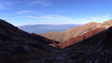 Hiking in Macedonian mountains on autumn sunny day