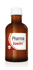 Medicine bottle named PHARMA TOXIN, a medical fake product with a skull as the brand logo which alludes to the danger of false medication - isolated vector illustration on white background.
