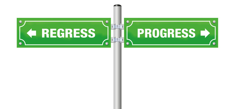REGRESS and PROGRESS, written on two signposts. Isolated vector illustration on white background.
