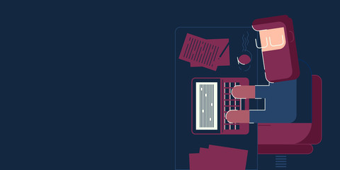 Abstract man sitting behind the table and working on laptop at night.