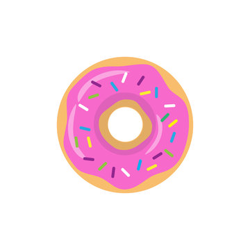 Colorful pink glazed donut set on white background. The view from the top. Vector illustration