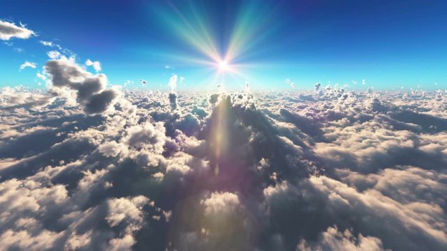 fly over clouds above sun ray