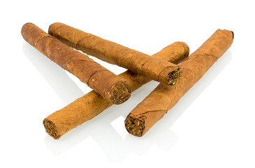 Four stack cuban cigars isolated on white backround with shadow reflection. Original homemade cuban...