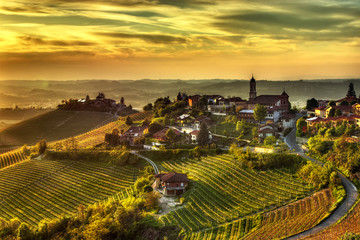 he land of wines – Treiso -- The village of Treiso, in the Langhe (Piedmont, Italy), in the limited production area of the prestigious Barbaresco wine. - obrazy, fototapety, plakaty