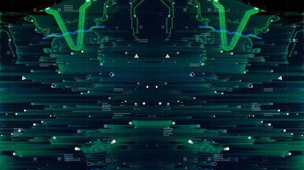 Glitched Big Data Backdrop. Error program abstract pixel noise. Damage program code. Preinted circuit board symmetry Neon. Micro chip Technology Terminal Background. Green and Blue.