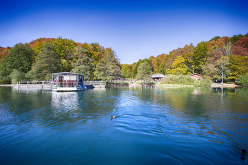 Fototapeta na wymiar Touristic boat on Plitvice lake