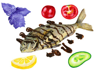 Watercolor illustration of fried fish and vegetables isolated on white.