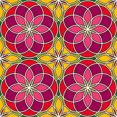 Bright stained glass background. Colorful kaleidoscope seamless pattern with decorative round ornaments. Floral motif.