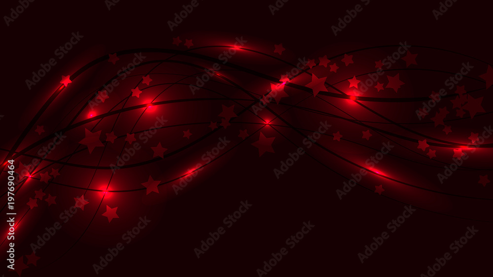 Poster abstract space background with red wavy lines and light flares and asterisks. red stars and stripes 