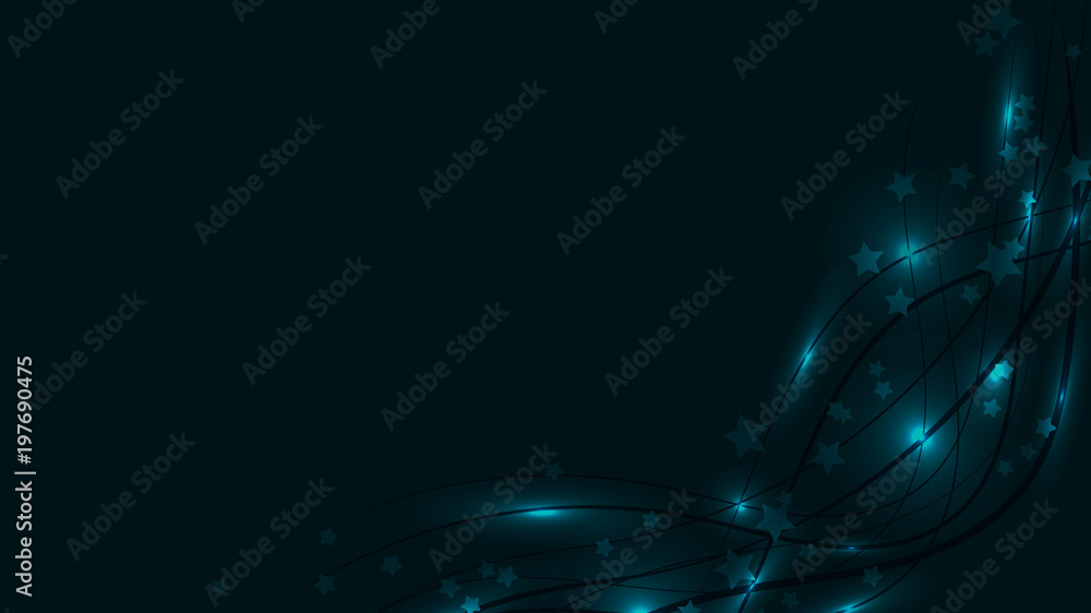 Poster abstract space background with blue luminous wavy lines and light flares and asterisks. blue stars a