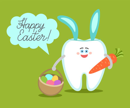 Cartoon tooth with bunny ears holds a carrot and basket with eggs. Greeting card from dentistry. Happy Easter! Dental illustration on green background.