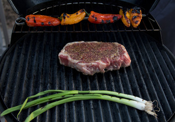 grilled steak, peppers and onions