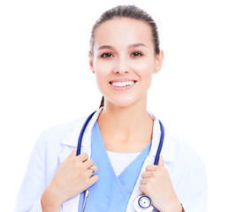 Beautiful caucasian nurse with stethoscope on white background