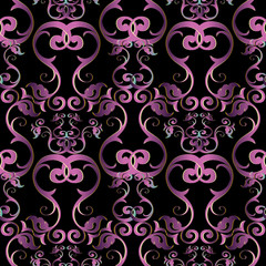 Vintage floral Damask seamless pattern. Vector black background with violet swirl flowers, leaves, line art tracery antique ornaments. Luxury design fot wallpapers, fabric, textile, prints.