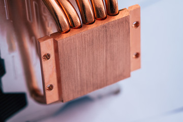 Concept of air cooling of the central processor of a computer Aluminum radiator with copper heat...