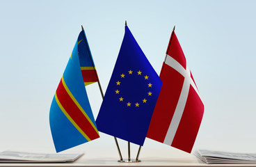 Flags of Democratic Republic of the Congo (DRC, DROC, Congo-Kinshasa) European Union and Denmark