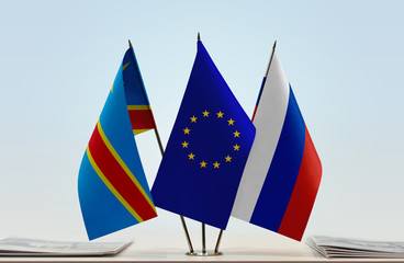 Flags of Democratic Republic of the Congo (DRC, DROC, Congo-Kinshasa) European Union and Russia