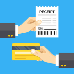 Hand holding receipt and hand holding credit card. Cashless payment concept. Flat design vector illustration