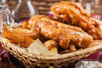 Traditional fish in beer batter and chips