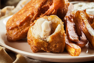 Traditional fish in beer batter and chips