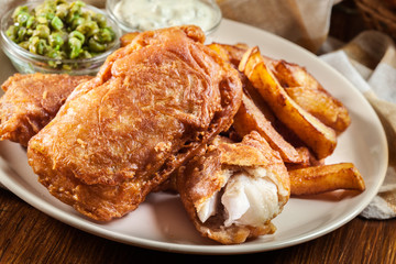 Traditional fish in beer batter and chips